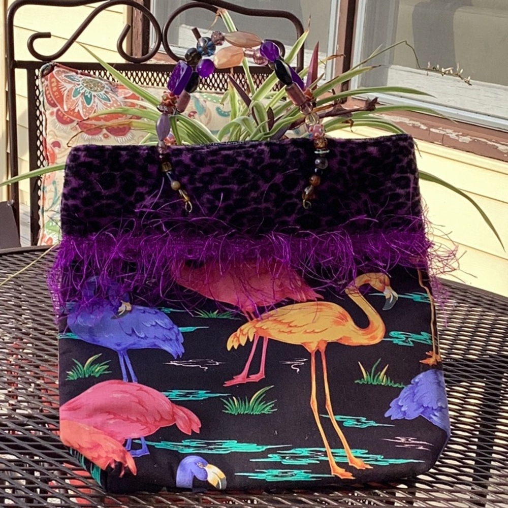 Colorful Flamingo Print Handbag with Purple Fringe